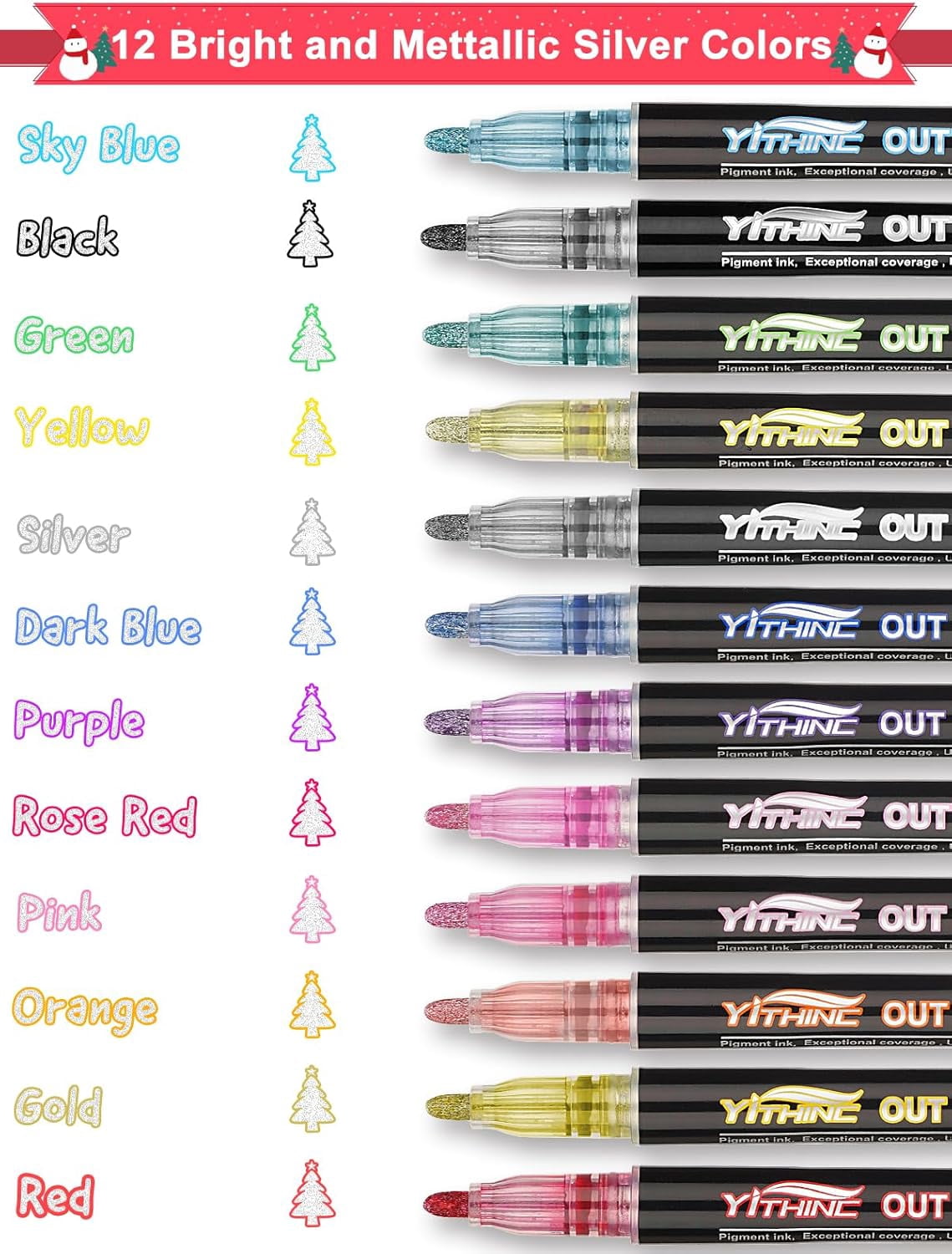 Dreamy Sparkle Dual-Line Contour Pen, 12 Colors Self-Outlining Glitter Markers, Shimmer Gel Pens for Drawing on Paper Fabric Rock Canvas, Art Crafts Supplies & Creative Gifts