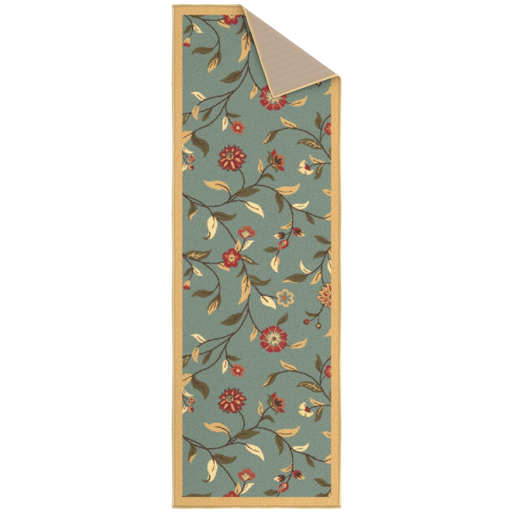 Ottomanson Floral Bathroom Runner Rug 20" x 59" - Non Slip Low Pile Carpet, Seafoam Green