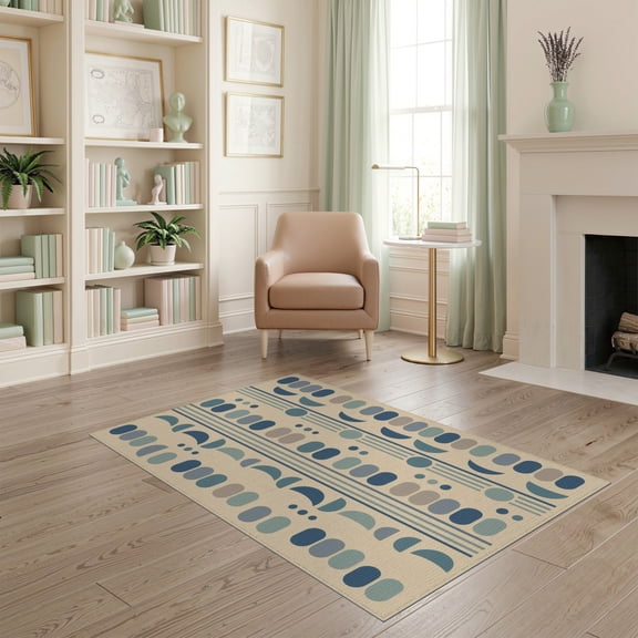 ODIKA 4'x6' Blue Beige Geometric Pattern Design Washable Area Rug Modern Abstract Shapes with Symmetry for Dorm Room, Small Living Stain Resistant Low Profile, Easy Care