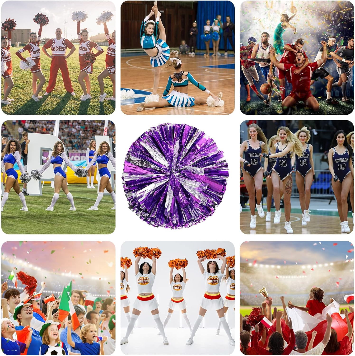 Cheer pom pom, 8 PCS Cheerleading Pom Poms, Premium Metallic Pom Poms Set Cheering Hand Flowers Handle Dance Pom Poms Cheering Squad Pompoms for Football Basketball Cheers