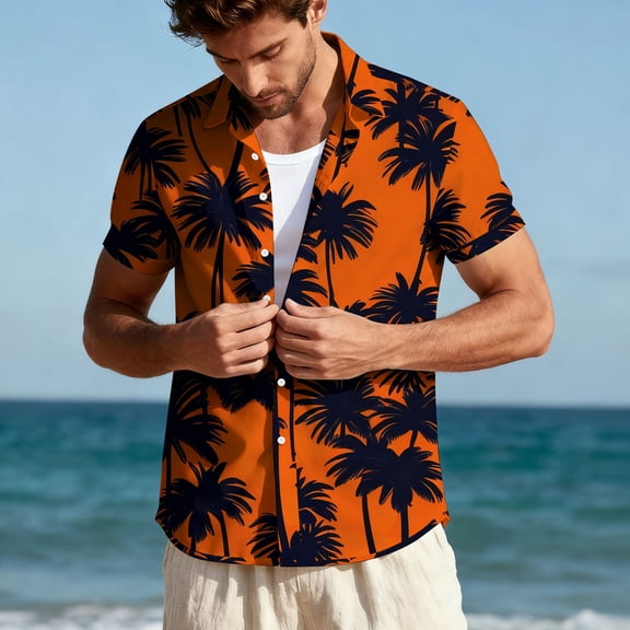 Blczomt Hawaiian Men Short Sleeve Shirt Summer Oversized Orange Button Down Tees Button Up Graphic Big and Tall Men Clothes