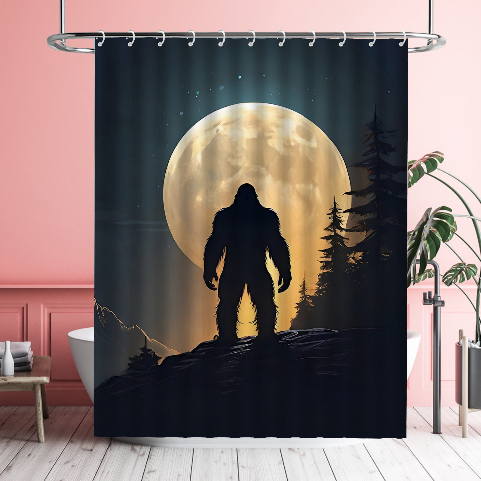 Bigfoot Shower Curtains Moutain Waterproof Bathroom Curtains with Hooks, Unique Moonlight Bigfoot Themed Bathroom Decor