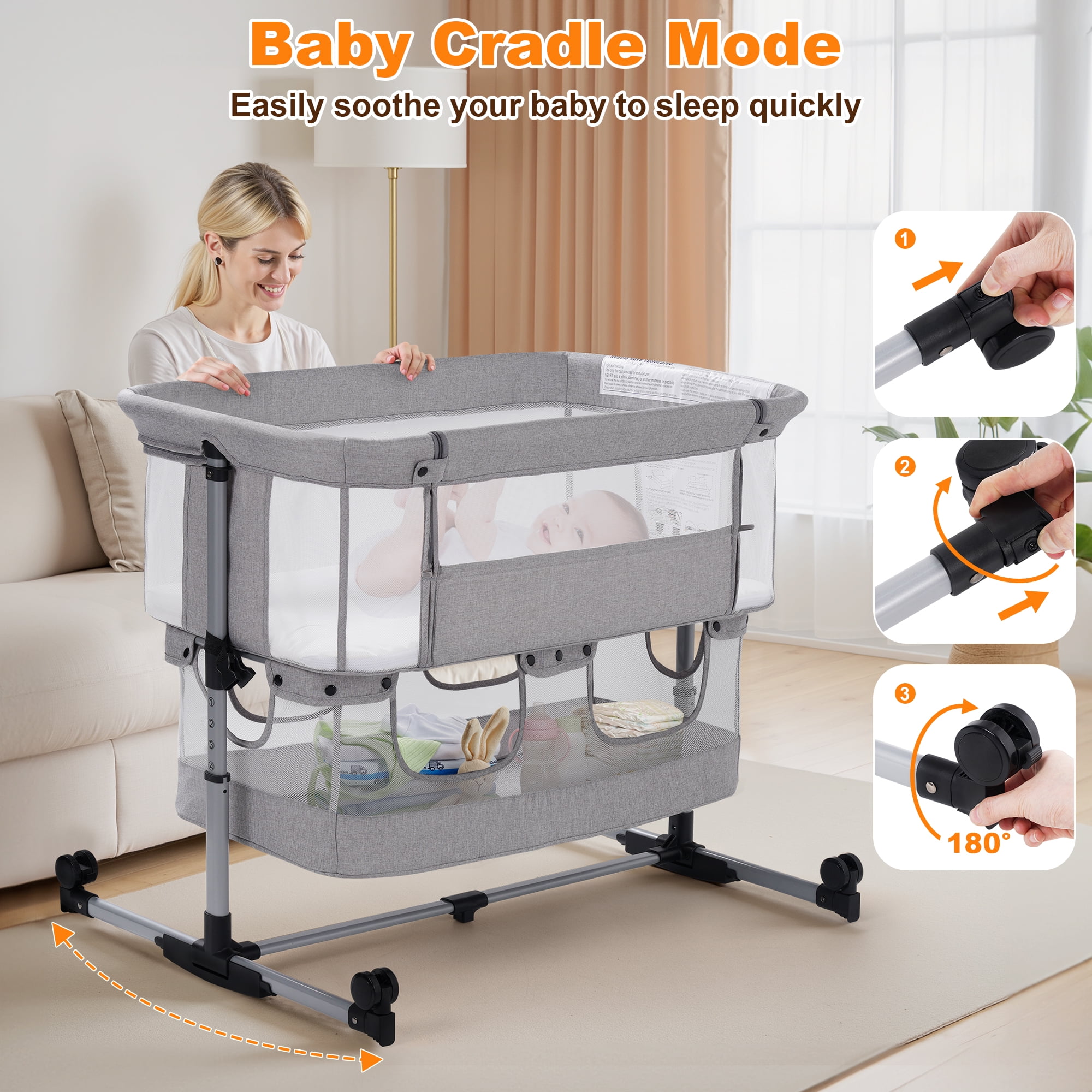 Vomeast Baby Bassinet Bedside Sleeper with Wheels, Adjustable Height, Storage Basket, Mosquito Net for Newborns Infants, Light Gray