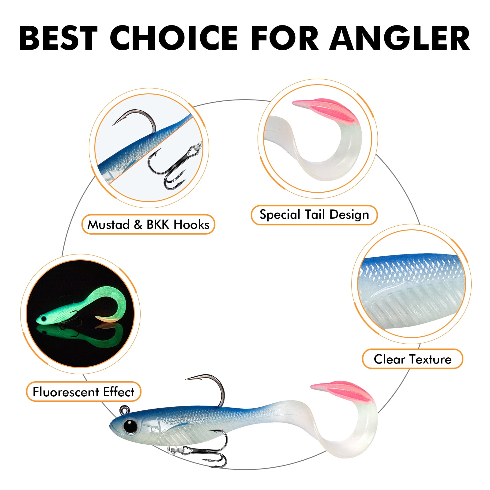 TRUSCEND Duramax Soft Fishing Lures with BKK Hooks, Easy Catch Curly & T-Tail for Trembly Sinking & Vibrating Swim, UV or Glow Effect for All Conditions, Pre-rigged Swimbait for Bass Trout Crappie