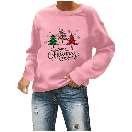 

Women Casual Full Sleeve Round Neck Tops Loose Shirts Blouse Solid Color Christmas Tree Print Sweatshirt breast cancer shirts for women maternity shirts Pink L