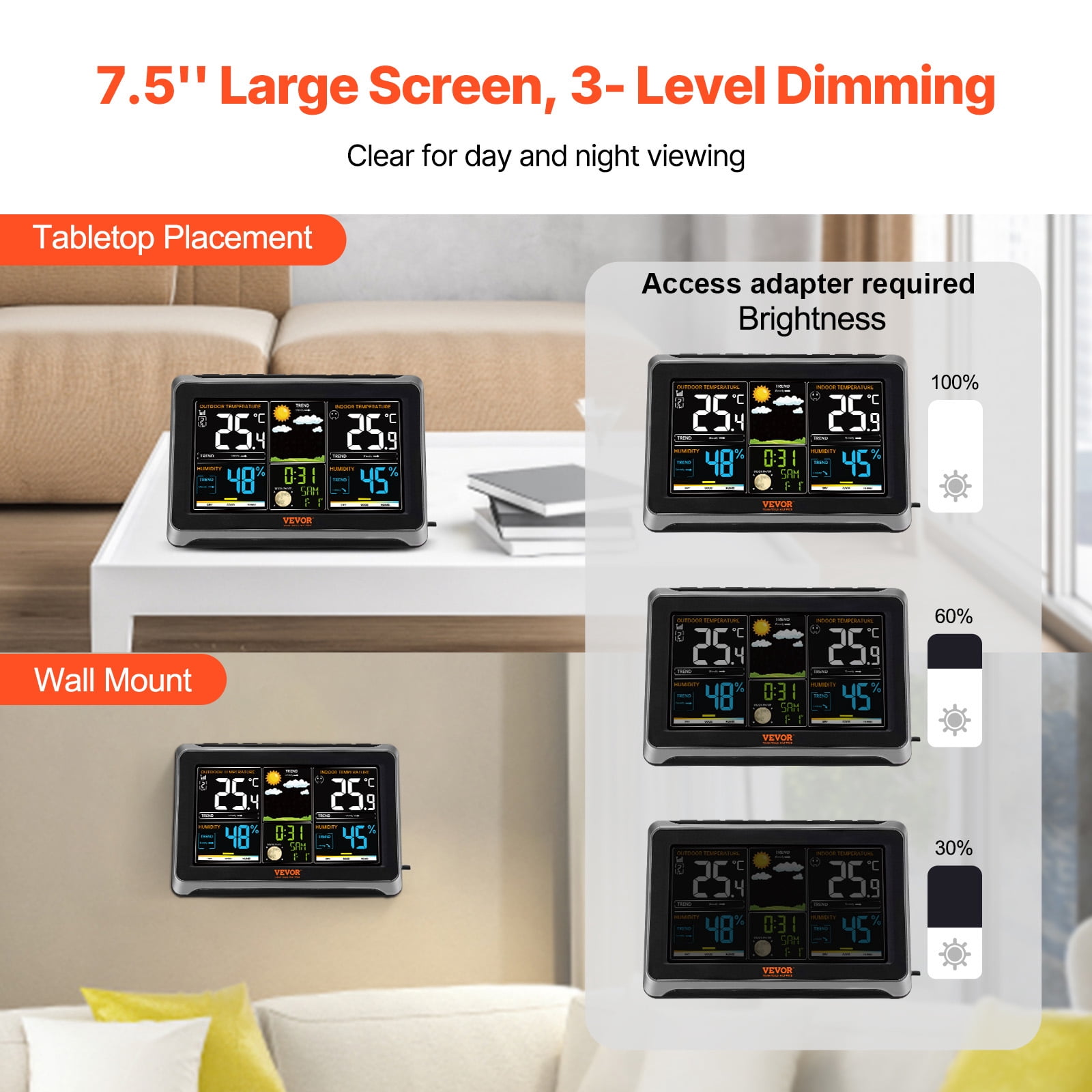 VEVOR Weather Station Indoor Outdoor, 7.5 in Color Display, Wireless Digital Home Weather Station, with Sensor Atomic Clock Adjustable Backlight Forecast Data Calendar Alarm Alert Temperature-NO WIFI