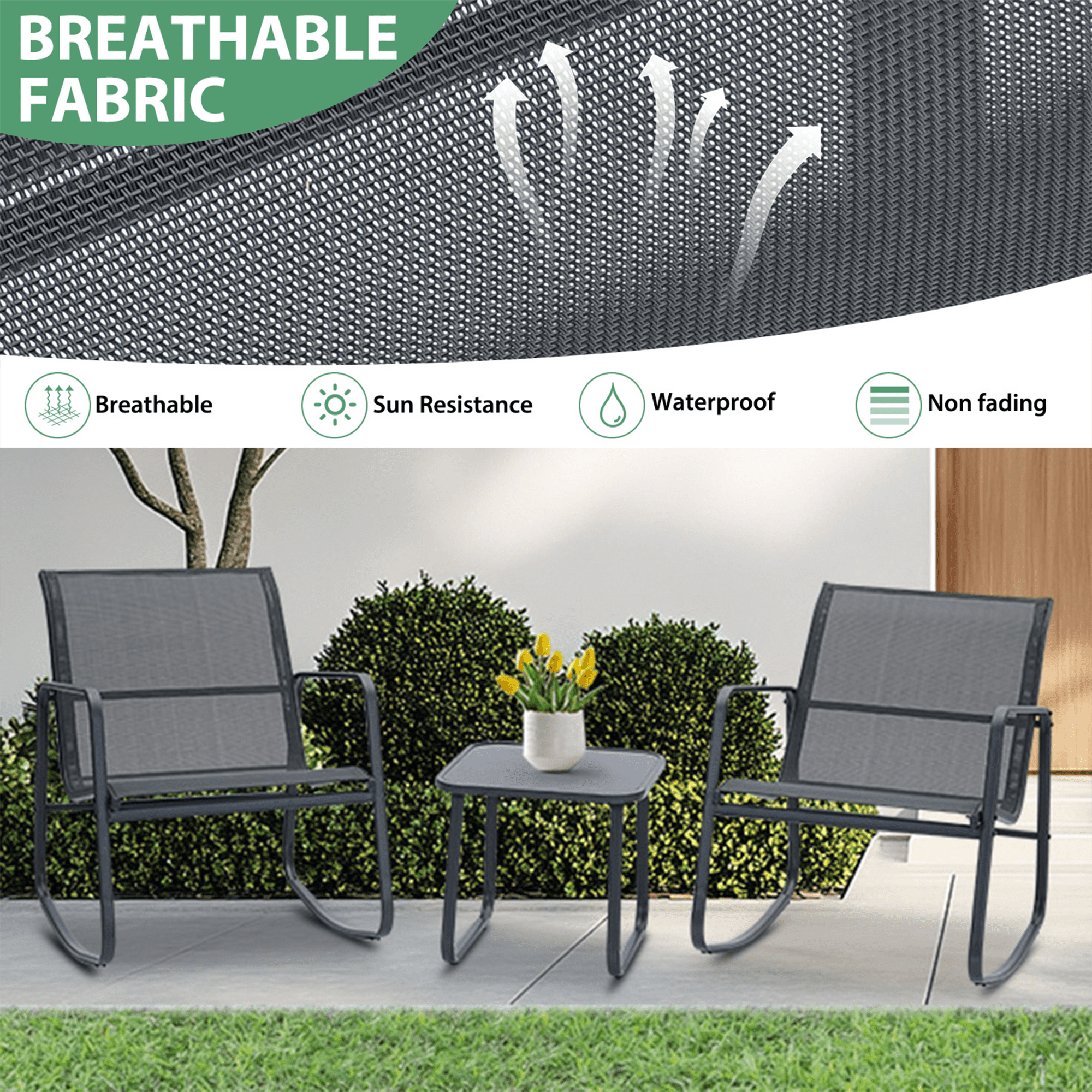 Autlaycil 5 Pcs Patio Outdoor Furniture Sets Contains 2 Textilene Fabric Rocking Bistro Chairs, Table, 10' Solar Cantilever Umbrella and Cross Base with Sandbag, Grey