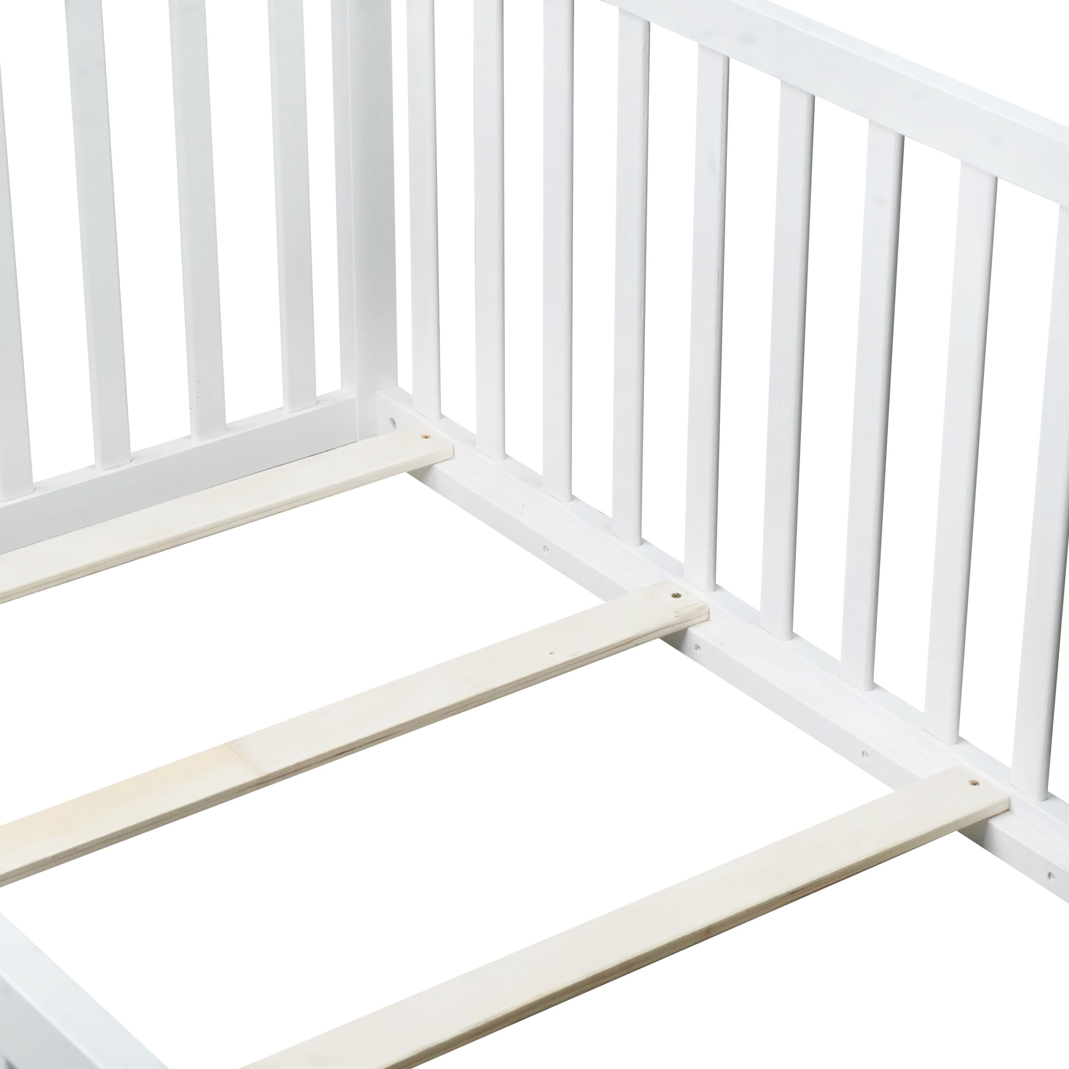 Noble House Nira Twin Floor Bed with High Fence and Door, Rubber Wood Montessori Bed Frame, Kids' Room, White