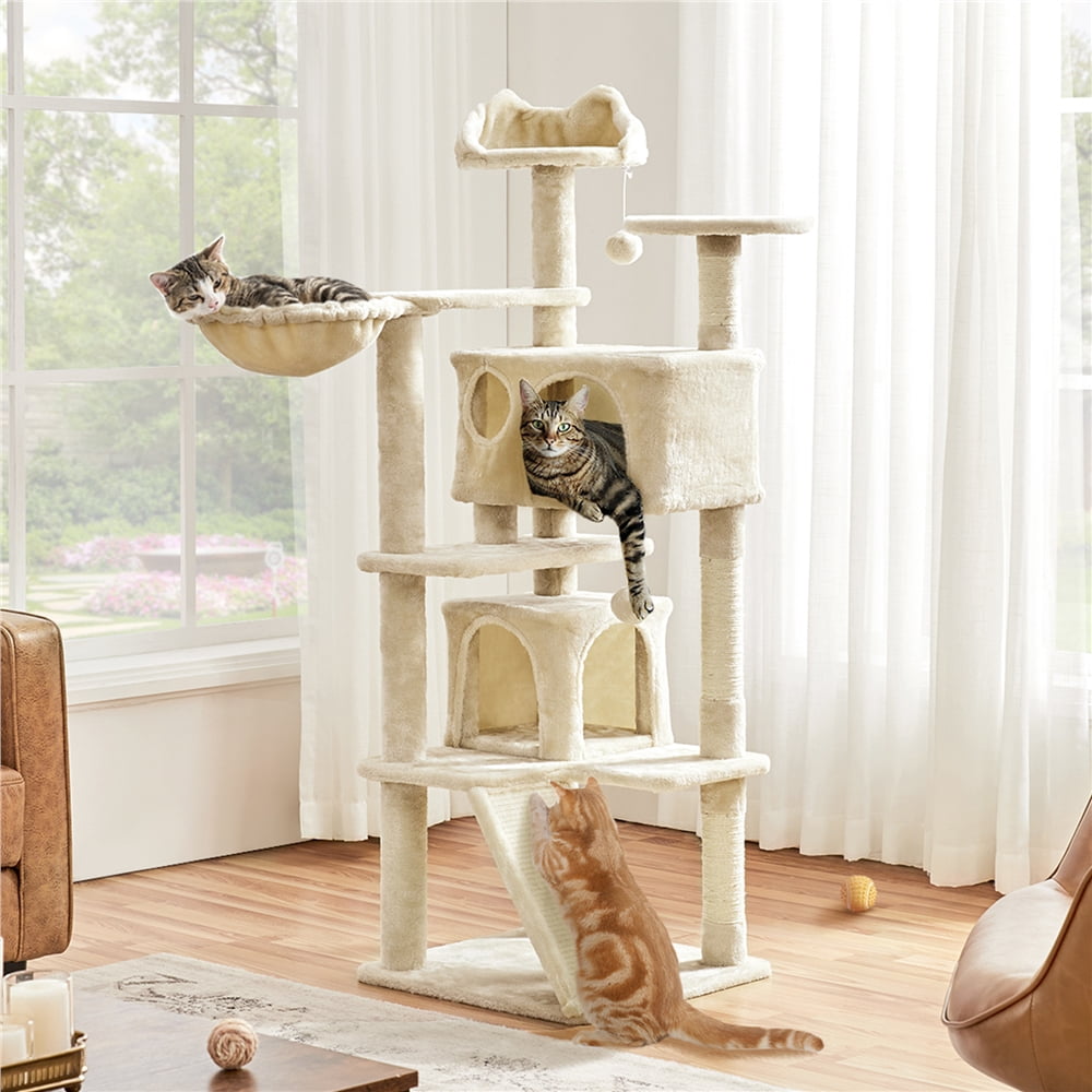 Yaheetech 57.5''H Cat Tree Tower Cat Tree with 2 Condos, Scratching Posts, Ramp,Beige