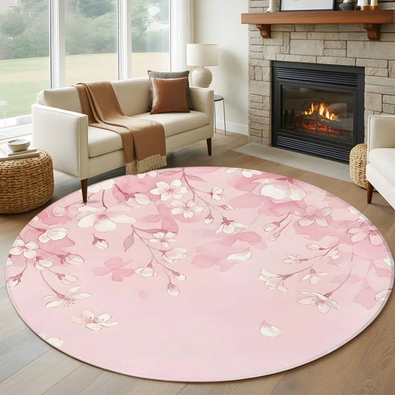 Round Area Rugs Collection 5 Ft, Pink Cherry Blossom Non-Slip Residential Carpet, Spring Modern Farmhouse Floral Indoor Crawling Mats Runner Rugs for Living Room/Dining Room/Bedroom