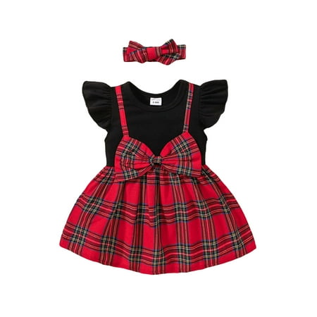 

Suanret 2Pcs Toddler Baby Girl Dress Outfits Fly Sleeve Crew Neck Plaid A-line Dress with Headband Summer Outfit Red 9-12 Months