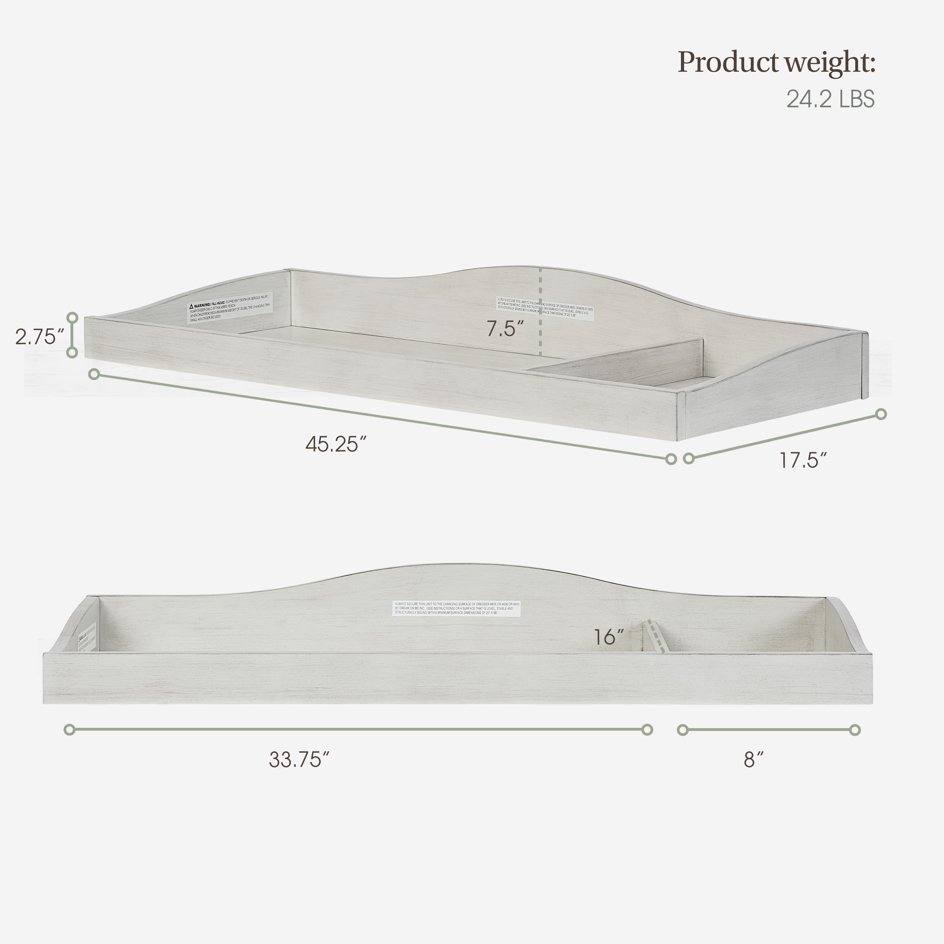 Evolur Changing Tray in Antique Grey Mist with Enclosed Sides, 45.25" x 17.5"