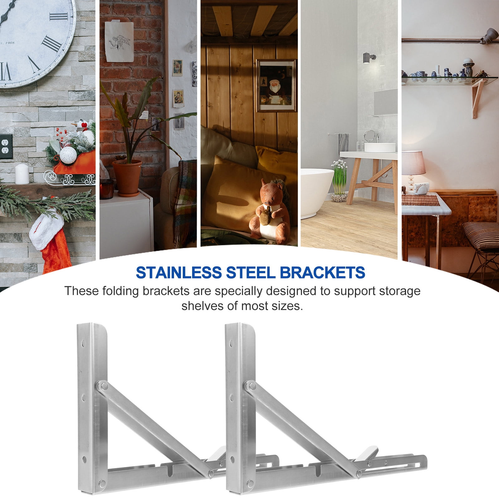 WHAMVOX  2 Pcs Stainless Steel Triangle Bracket Heavy Duty Shelving Shelf Brackets Coat Hangers Silver