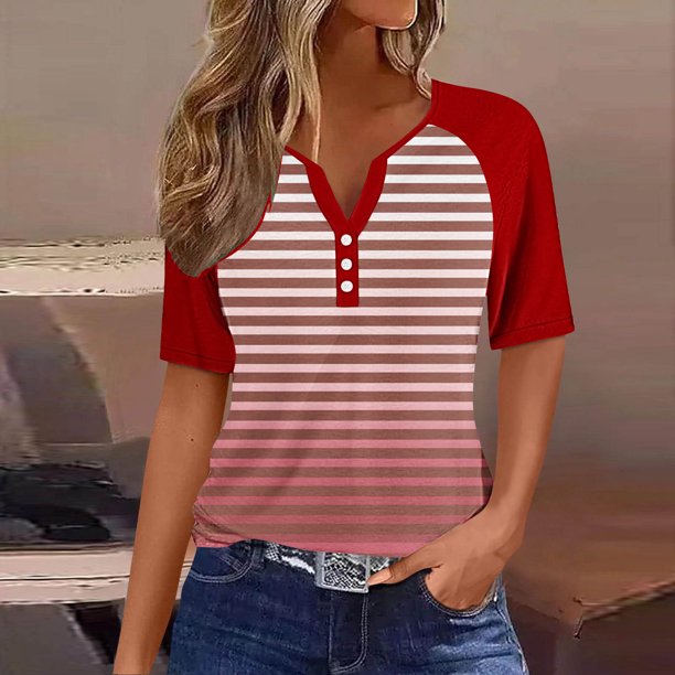 Fiudx Ofertas Flash Del Día Solo En Línea Top de Manga Corta con Cuello En V y Estampado de Rayas Degradado de Color Sólido con Botones para Mujer