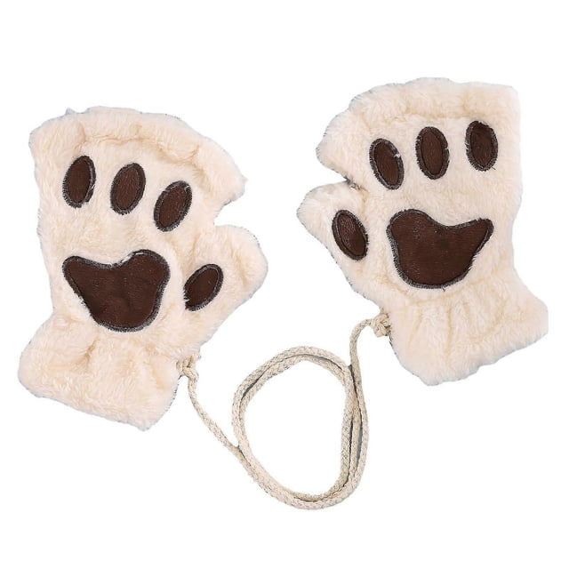 Women Bear Plush Cat Paw Claw Glove Soft Winter Gloves Fingerless Gloves (Beige)