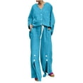 thumbnail image 2 of LEKWK Linen Sets for Women 2 Piece V Neck Long Sleeve Button Down Tops and Drawstring Slit Wide Leg Pants Fashion Casual Travel Beach Resort Sets, 2 of 9