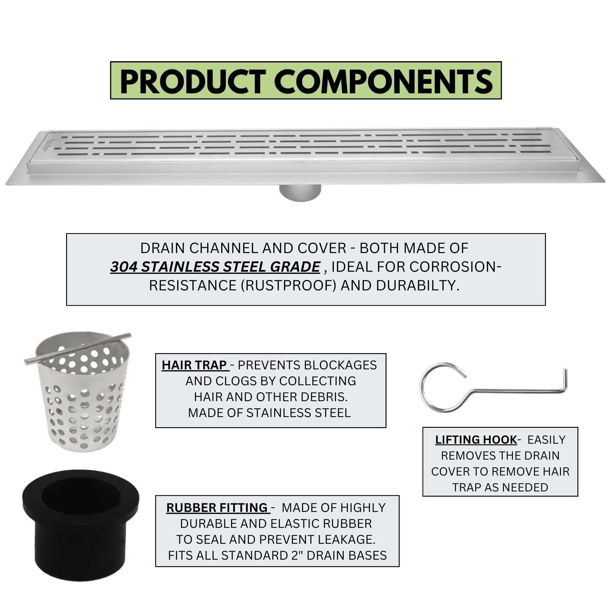 SereneDrains 304 Stainless Steel Brushed Nickel Linear Shower Drain Kit Broken Lane Linear Shower Drains for Tile Floor Long Hair Catcher Strainer Grate Cover Bathroom