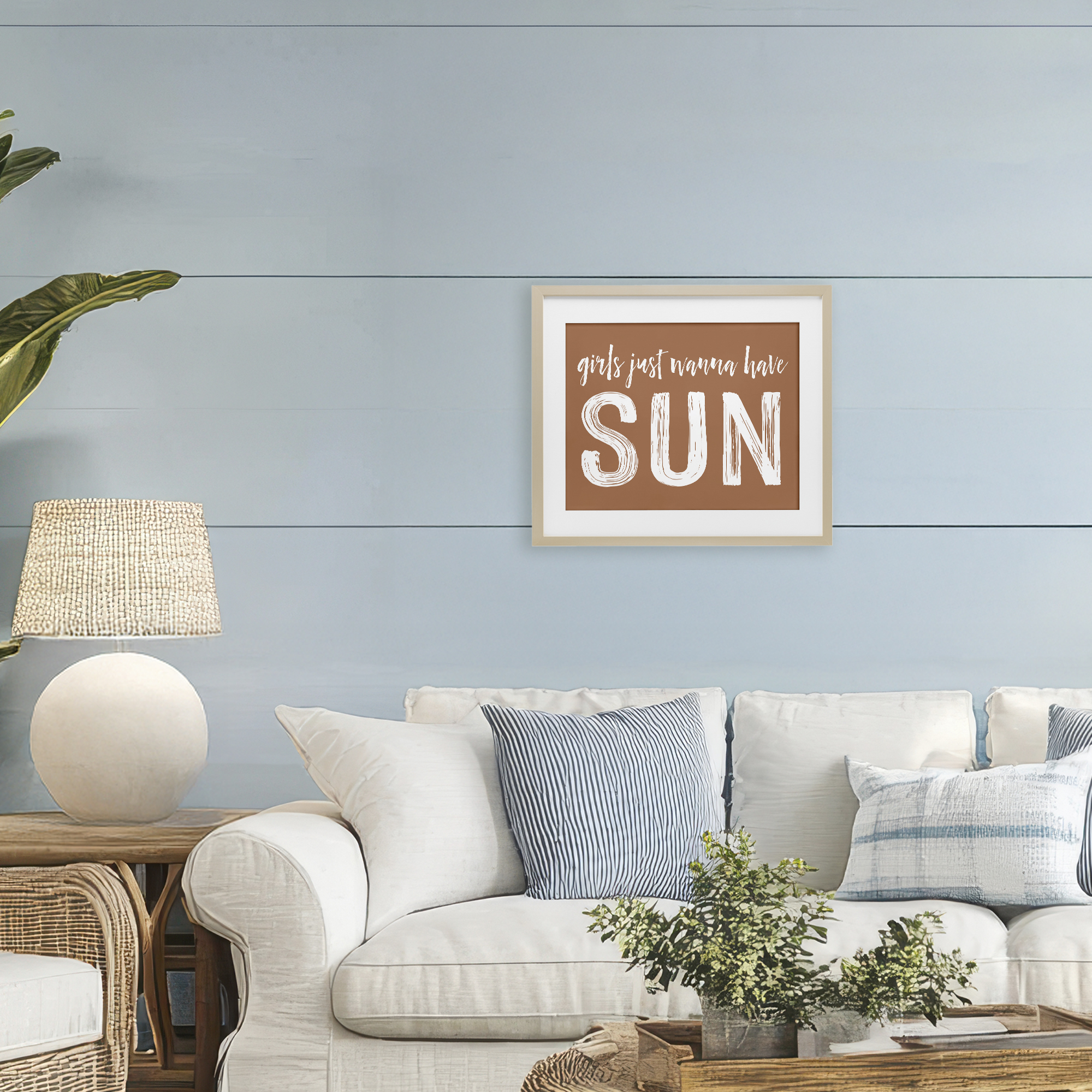 Girls Wanna Have Sun Brown Birch Framed Print Under Glass, design by Lettered and Lined