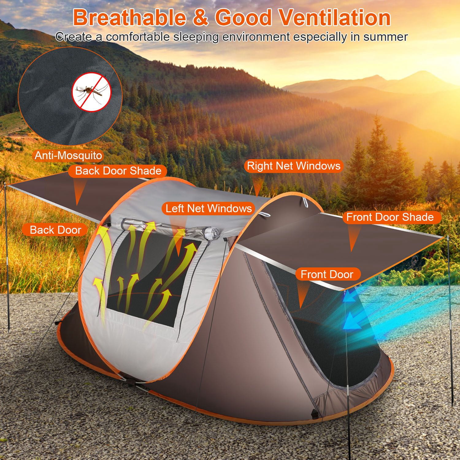 Pop up Camping Tent for 4-5 Person Tent Waterproof Instant Easy Setup Family Tent with 4 Tent Poles for Camping Hiking Climbing Traveling Khaki