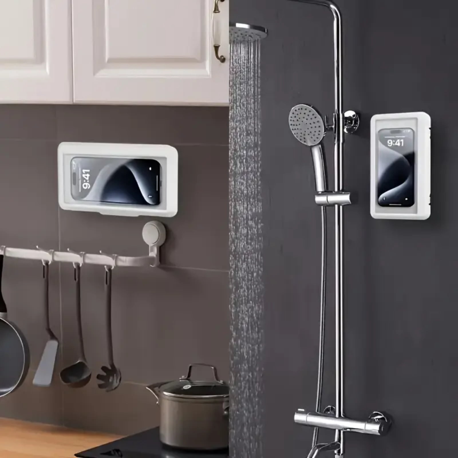 Shower Phone Holder Waterproof， Shower Phone Case Anti-Fog & Sensitive Touchscreen Bathroom Wall Phone Mount Stand Universal Fit for iPhone & Smartphones Gift for Men Women