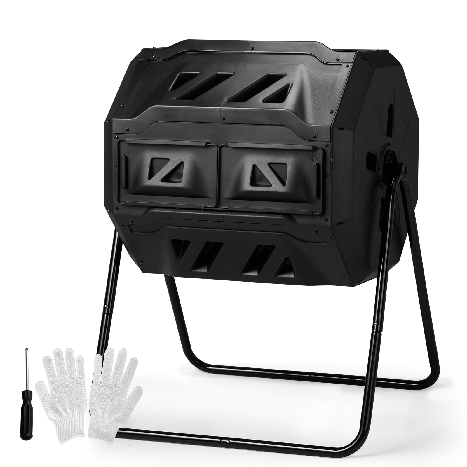 42 Gallon Dual Chamber Compost Tumbler 360° Rotating Outdoor Composter with Metal Frame & Free Garden Gloves for Garden Yard