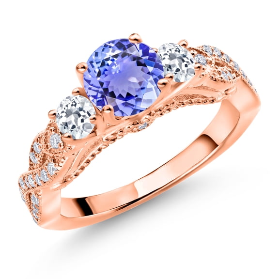 Gem Stone King 18K Rose Gold Plated Silver Blue Tanzanite White Topaz and White Moissanite Engagement Ring for Women (1.45 Cttw, Gemstone December Birthstone, Round 6MM and 3MM, Size 5)