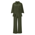thumbnail image 4 of FRSASU Women's Casual Trouser Suits 3/4 Sleeve Turn Down Collar Button Pleated Top Loose Wide Leg Pants Solid Sets with Pocket Green L(L), 4 of 9