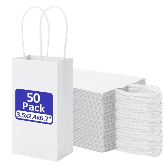 BagDream 50 Pack 3.5x2.4x6.7" Mini Gift Bags with Handles Small White Kraft Paper Bags Bulk for Party Favor Grocery Retail Shopping Business