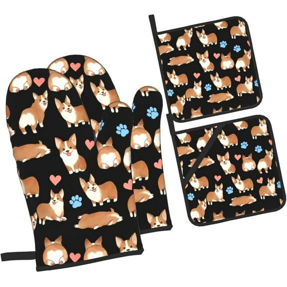 Cute Corgi Dog 4pcs Oven Mitts and Pot Holders Sets,Heat Resistant Non Slip Kitchen Gloves Hot Pads with Inner Cotton Layer for Cooking BBQ Baking Grilling