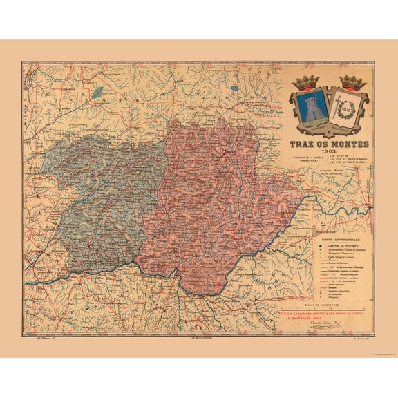 Historic Map - Tras os Montes Portugal - Martine 1904 - 28.67 x 23 - Vintage Wall Art