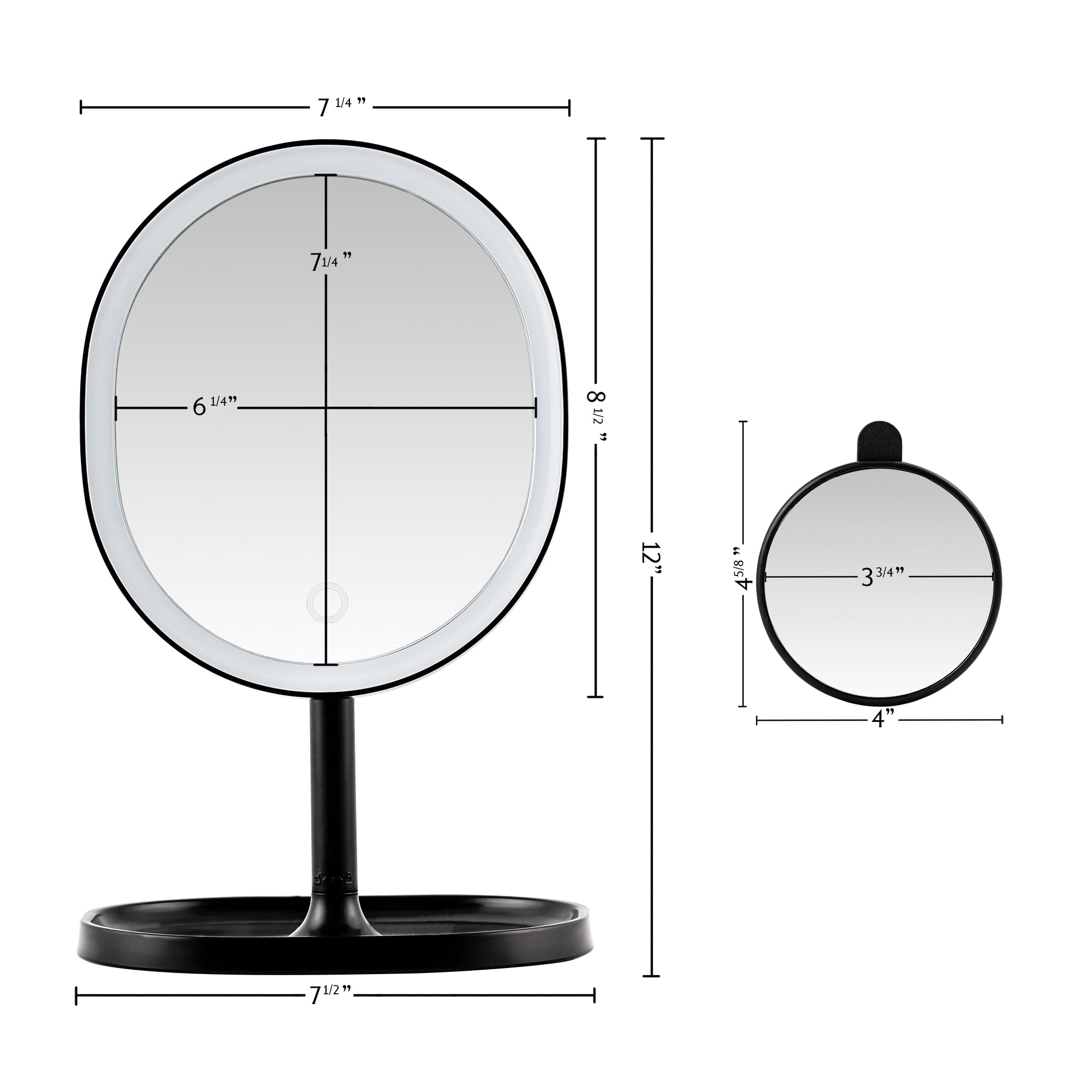 OVENTE 9" Rechargeable Lighted Tabletop Makeup Mirror with Mini Magnetic 10X Magnifying Mirror, Touch Screen Dimmable LED Lights, Portable Vanity Mirror Perfect for Bathroom or Travel, Black MOT22B