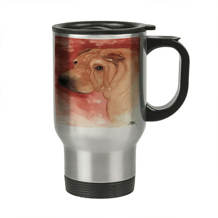 KuzmarK Insulated Stainless Steel Travel Mug 14 oz. - Chinese Shar-Pei Fawn Horsecoat Head Study Art by Denise (Best Way To Travel In China)