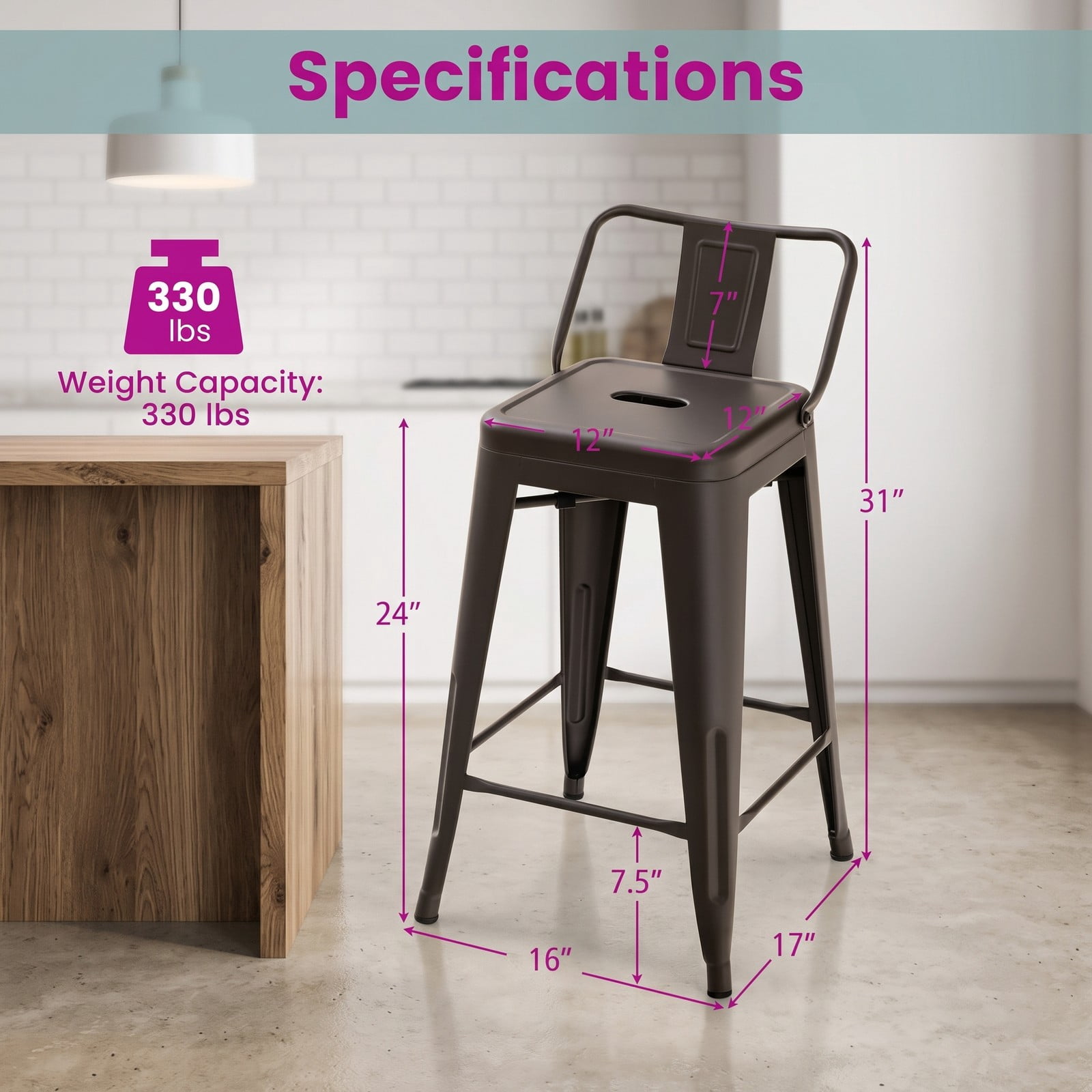 Furnibear 24 Inch Cafe Side Chairs Set of 4, Metal Bar Stools with Removable Backrest, Footrest and Rubber Feet, Stackable Counter Height Kitchen Chairs for, Gun Black