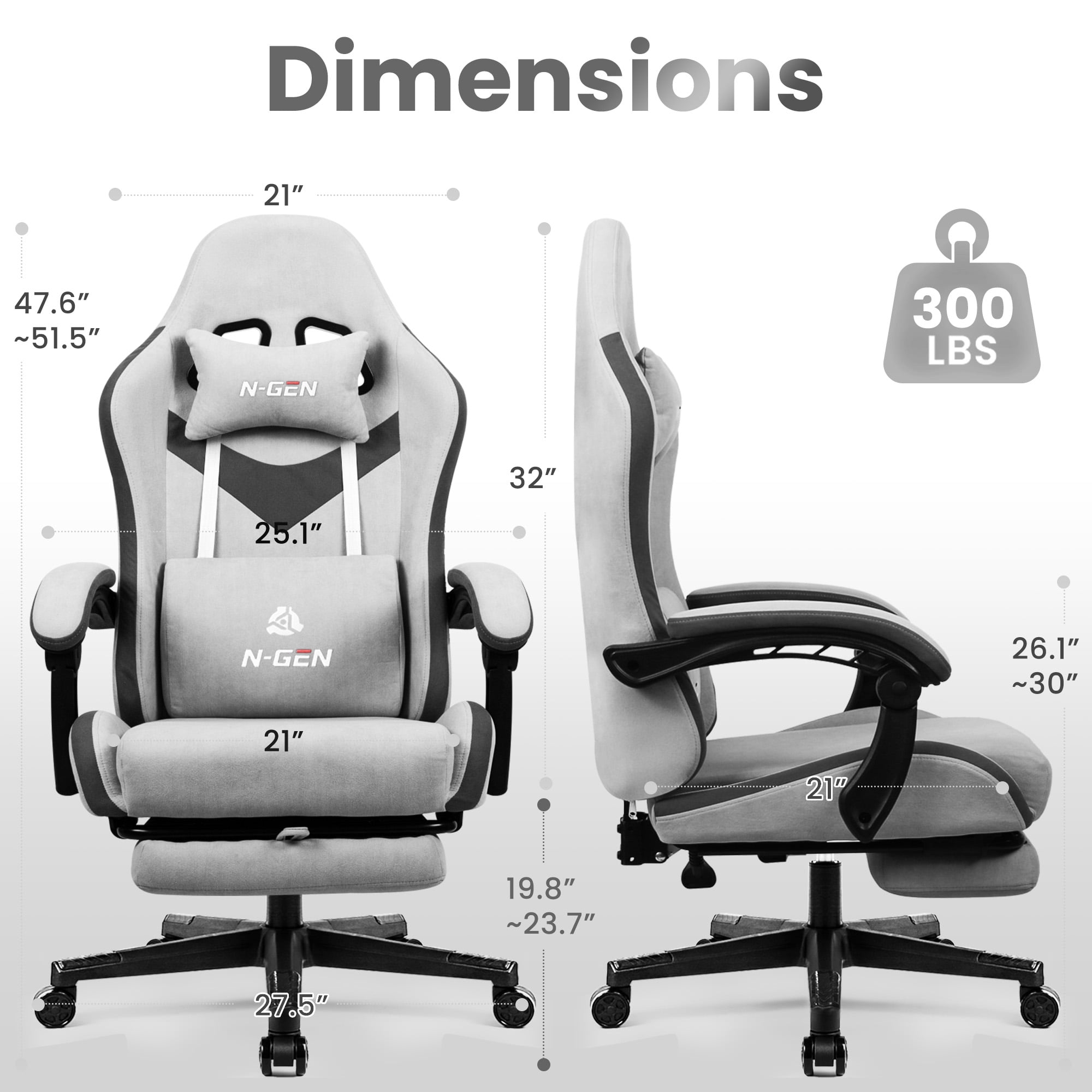 CELTOSS Adult Fabric Gaming Chair with Footrest and Lumbar Pillow, Gray