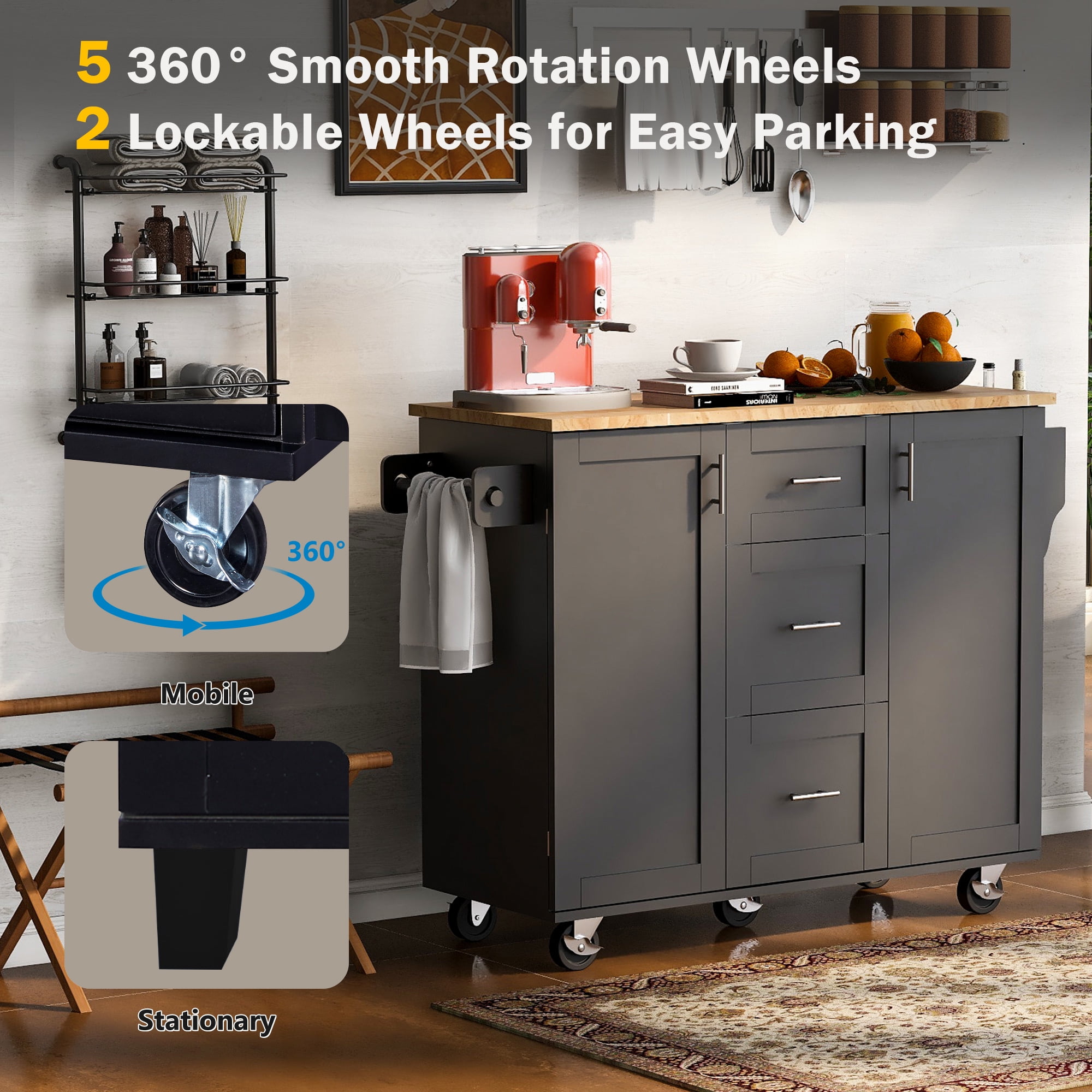Aukfa Rolling Kitchen Island with Storage, Kitchen Cart W/3 Drawer & 2 Slide-Out Shelf,Black