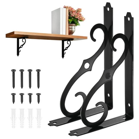 2-Pack Shelf Brackets, 8 Inch Long Iron Wall Mount Shelf Support Bracket for Home/Kitchen/DIY Decorative [Black]