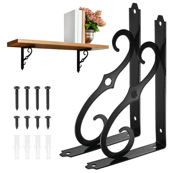 2-Pack Shelf Brackets, 8 Inch Long Iron Wall Mount Shelf Support Bracket for Home/Kitchen/DIY Decorative [Black]