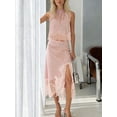 thumbnail image 4 of Conjunto de dos piezas de verano para mujer: top sin mangas con cuello alto y encaje, y falda larga con bajo irregular., 4 of 7