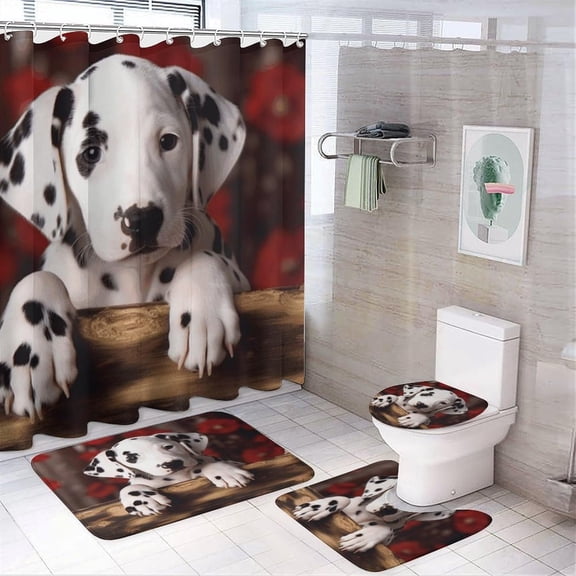 Bathroom Set,Dalmatian Puppy Print Bathroom Rug Set,Bath Rug Set 4 Piece,Modern Shower Curtain Set with Shower Curtain and 12 Hooks