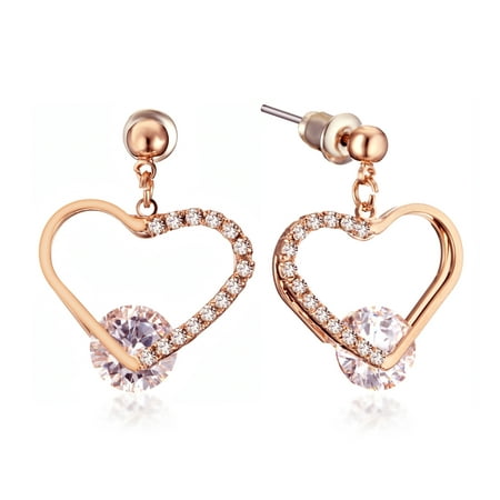 Filled Heart Dangle - Gemini Women Rose Gold Filled Love Heart Swarovski Cubic Zirconia Crystal Dangle Earrings Gm133 , Color: Rose Gold