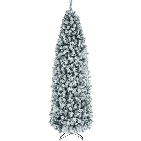 Yaheetech Clear Prelit LED Green Snow Flocked Pencil Hinged Spruce Artificial Christmas Tree, with Foldable Stand 7.5'