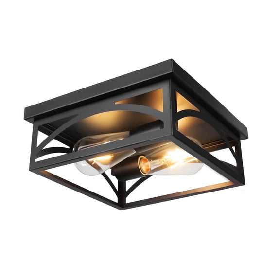 Black Square Flush Mount Ceiling Light, Farmhouse Ceiling Light Fixture for Hallway Porch Kitchen, 2-Light Outdoor Porch Ceiling Light, 1 Pack, 10 Inch, E26 Base(Bulbs Not Included)