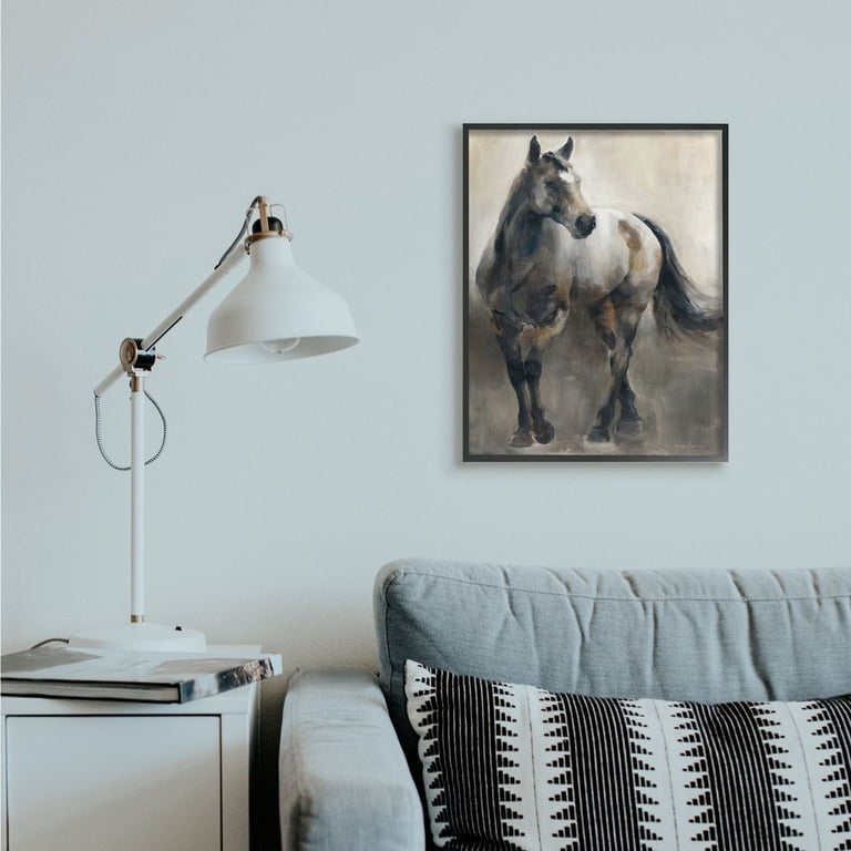 Abstract Horse Wall Art Framed Print In Grey & Beige – Ready To Hang, Made In USA