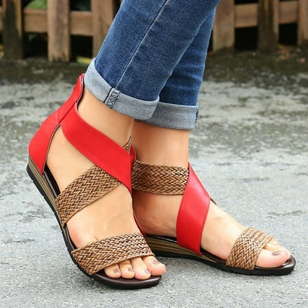 

CHGBMOK Clearance Womens Sandals Summer Weave Slope Heel Open Toe Slippers Shoes Comfy Sandals Casual Comfortable Beach Sandals