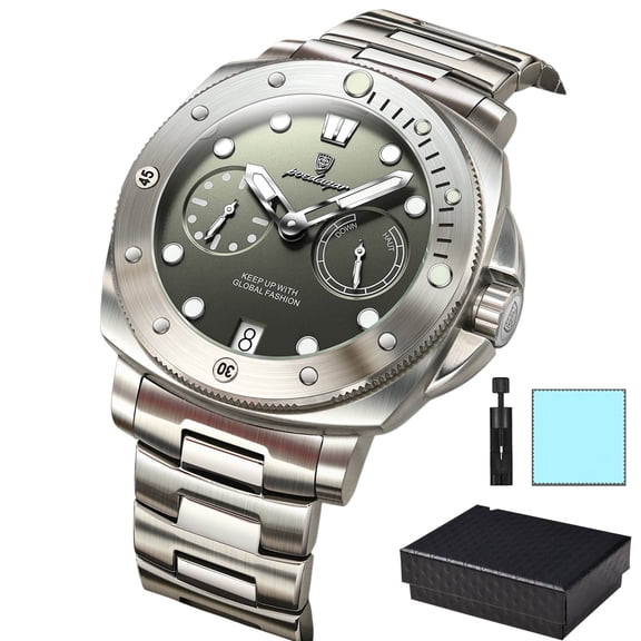 POEDAGAR Mens Stainless Steel Diver Wrist Watch Luminous Multi Dial Quartz Watch with Date Display Gift Box