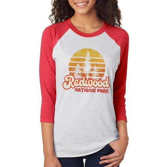 National Park Retro 70s Sunset Redwood Unisex Raglan T Shirt White-Red 2XL