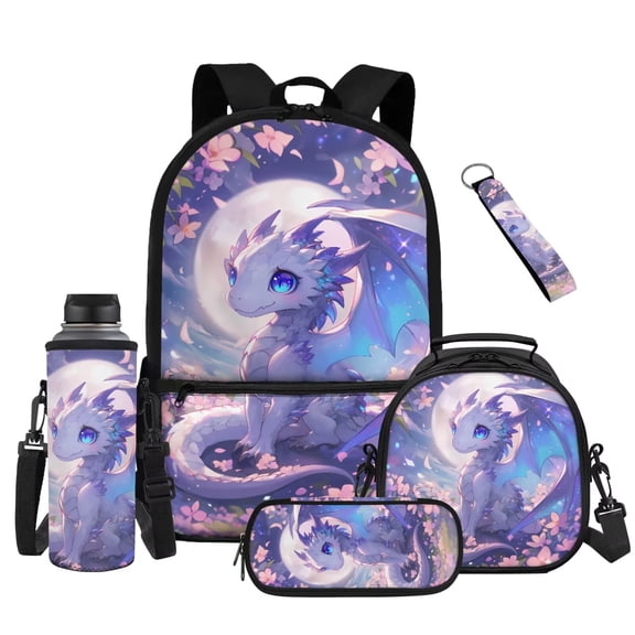 XYZCANDO Baby Dragon Floral 5Pcs School Backpack Set with Portable Lunch Bag Multifunctional Pencil Case Water Bottle Bag Carrier Lanyard Keychain for Elementary Middle High School