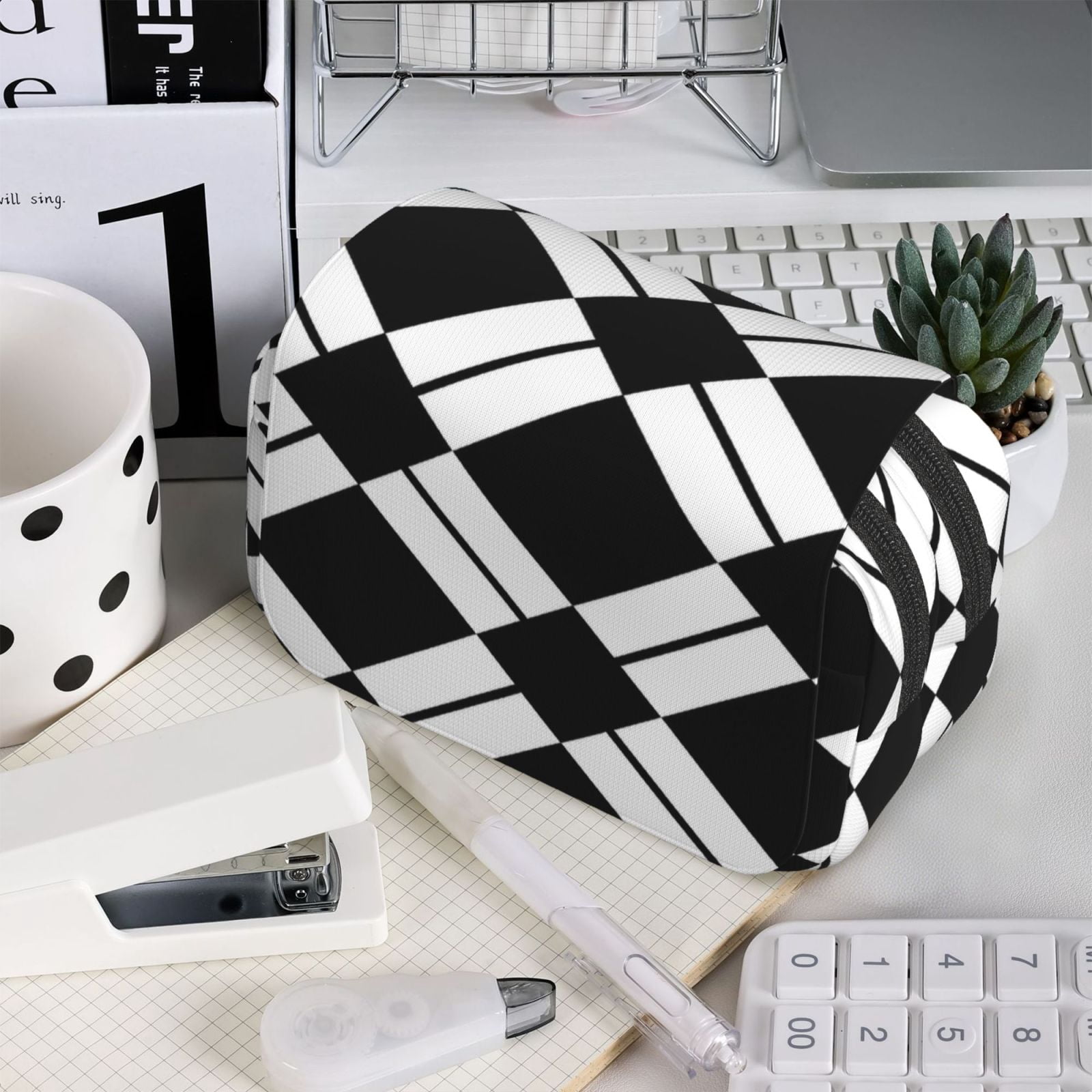 Large-Capacity Flip-Top Double-Layer Pencil Case, Multi-Functional Pocket Pen Case, Durable Stationery Organizer White And Black Checkered Pattern