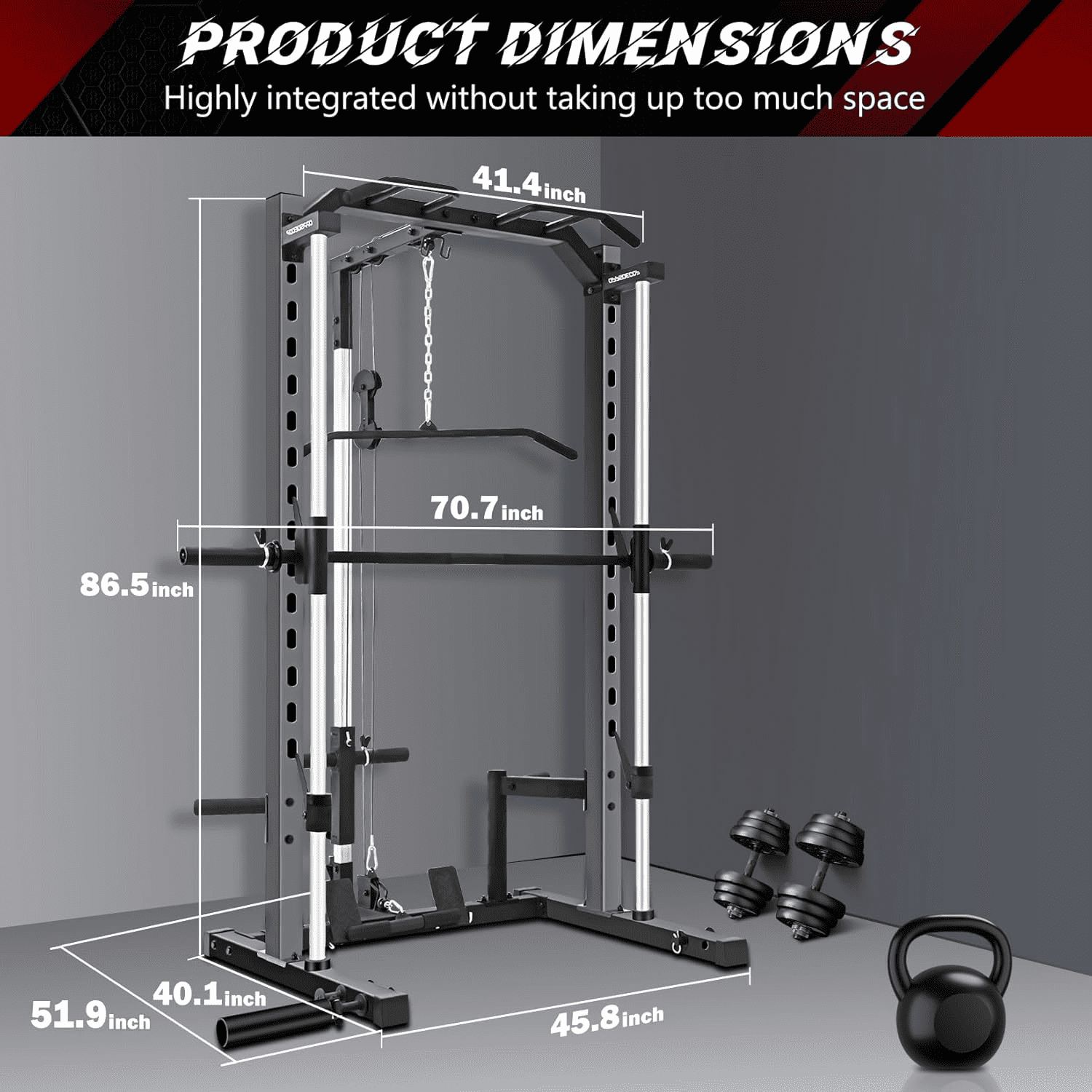 VIBESPARK Smith Machine Power Rack with Lat-Pull Down Pulley System & Cable Row, Multi-Functional Squat Rack Cage with Barbell Bar, Landmine, Pull-up Bar and More Attachment for Home Gym