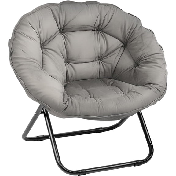 Folding Saucer Chair, Lazy Moon Chair with Metal Frame, Comfy Bedroom Chairs for Bedroom, Living Room, Study Grey JC